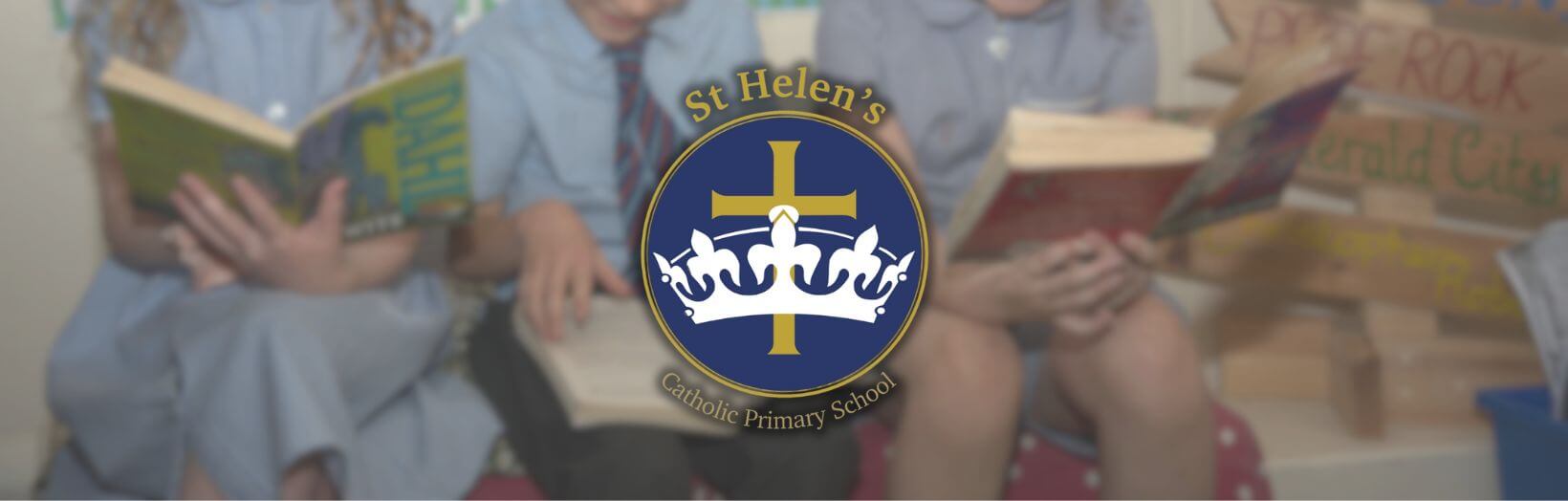 Logo of St Helen's Catholic Primary School featuring a stylized cross and crown.