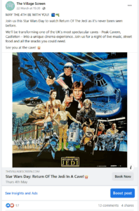 A screenshot of a May the 4th screening of Star Wars for the pop up cinema. The Village Screen.